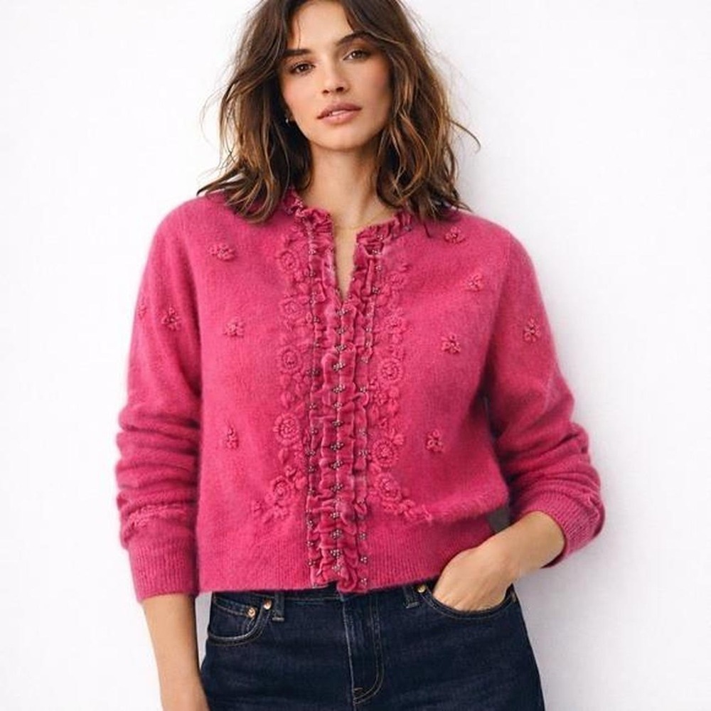 Coquette Vtg Femme Cabi Pink Embroidered Velvet Trim Angora Wool Cardigan Sz XS